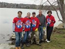 Betty Athanasoulas (r), FSPP Beautification Committee member, and a her hearty crew of BU alumni (l-r): Benjamin Mattox, Kristen Lake, Eduardo Guttierez, and Kenneth Drucker spent 3 hours clearing Linwood Beach natural debris at the water's edge.