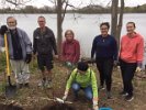 Volunteers (front) Linda Clark, (l-r back) Bill Stalcup, Brian Hare, Adrienne Landry, Parvis Khosravi, and Kerry McConnaughay participated in an EcoFest activity on Earth Day under Adrienne’s supervision, planting 7 native bushes in Spy Pond Park’s planting beds in the holes BU alumni dug previously for their BU Global Day of Service.