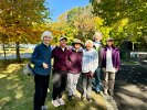 This photo finish marked the end of 2024 Work Days for the Stewardship Team, Lally Stowell(l), Adrienne Landry and Diana Maggini (m), and Sharon Green (r), with Jenny Babon, Outreach Chair (2nd l) and Karen L. Grossman, President (2nd r).